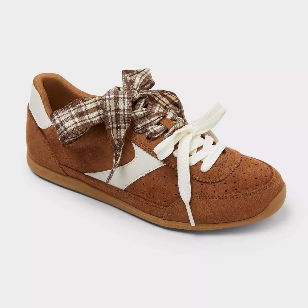 Universal Thread Sammy Sneakers Womens 8 Chestnut Brown Plaid Ribbon Low Top NEW